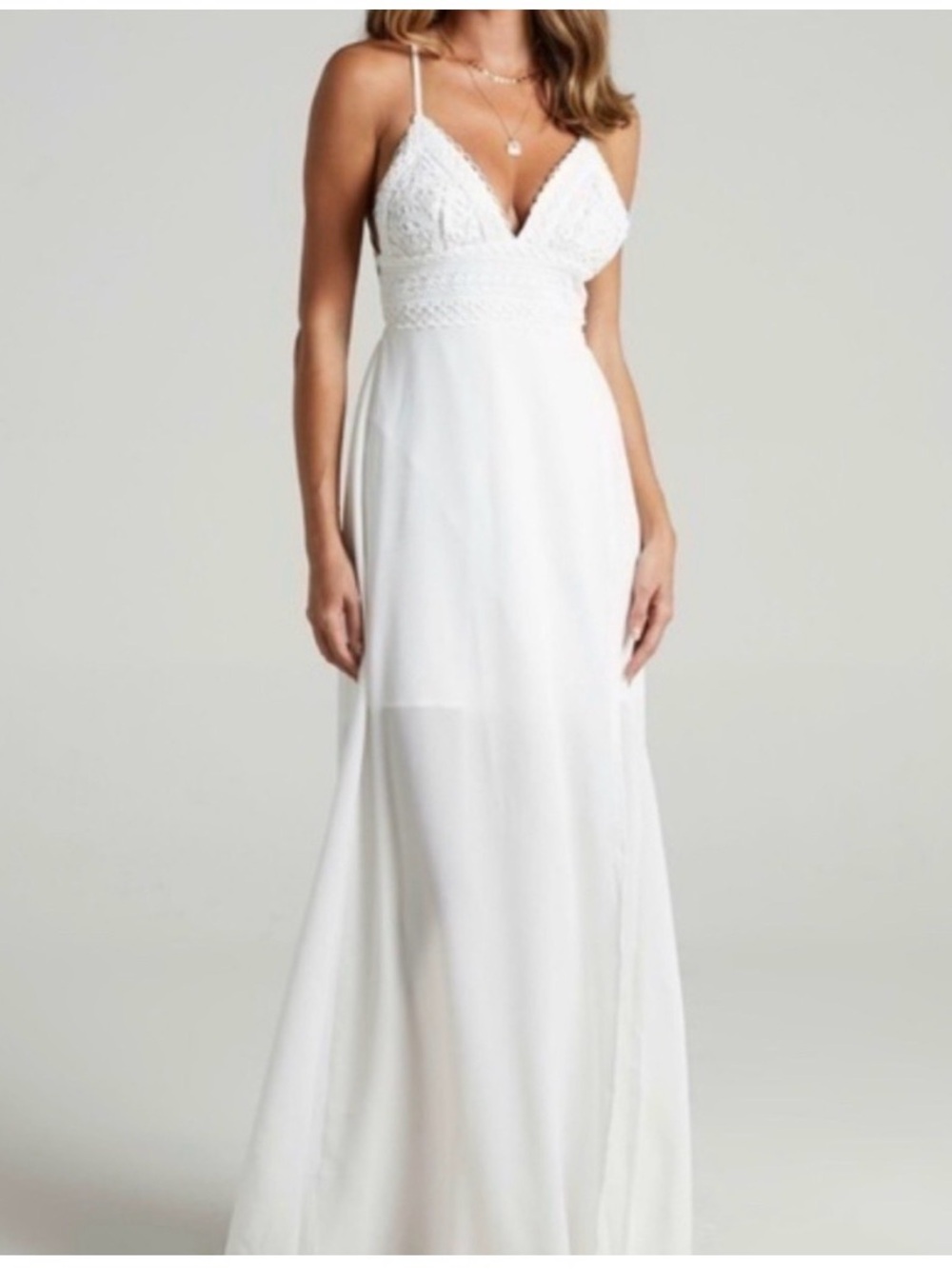Showpo White Lace-Detail Maxi Dress with Spaghetti Straps